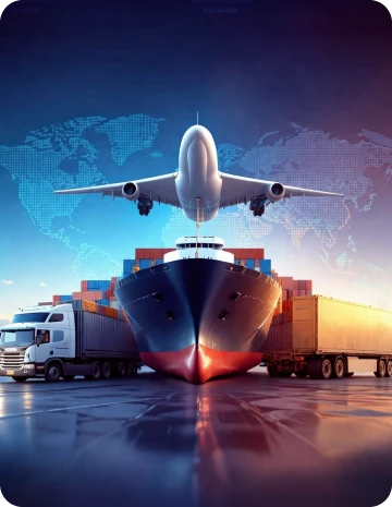 Cargo ship and aircraft representing global trade logistics